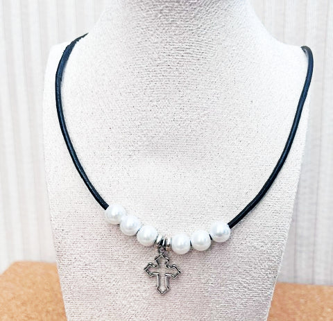 Medieval Inspired Cross Beaded Pearl Necklace
