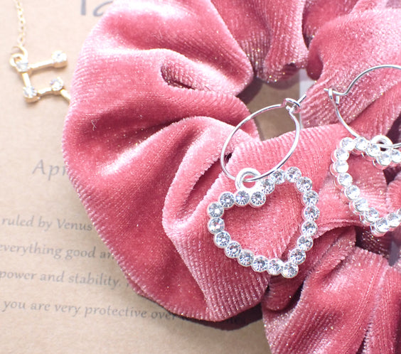 Vintage Rhinestone Silver Heart Hoop Earrings