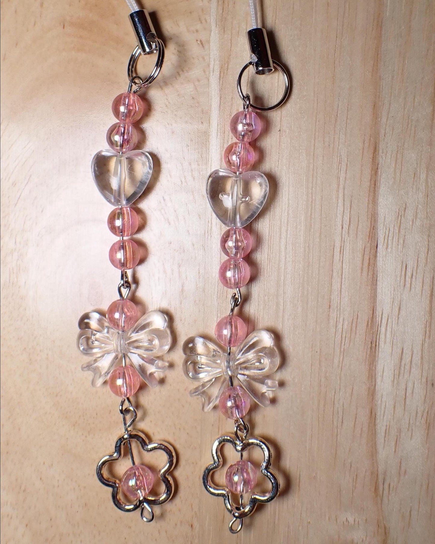 Clear hearts beads bows and flowers phone charm strap