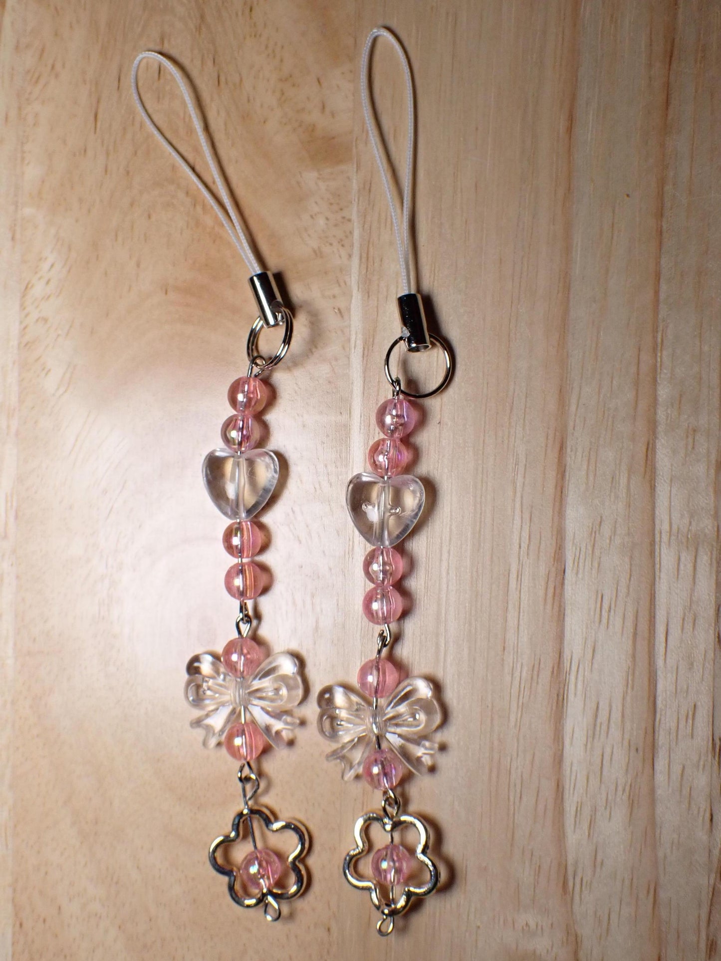 Clear hearts beads bows and flowers phone charm strap