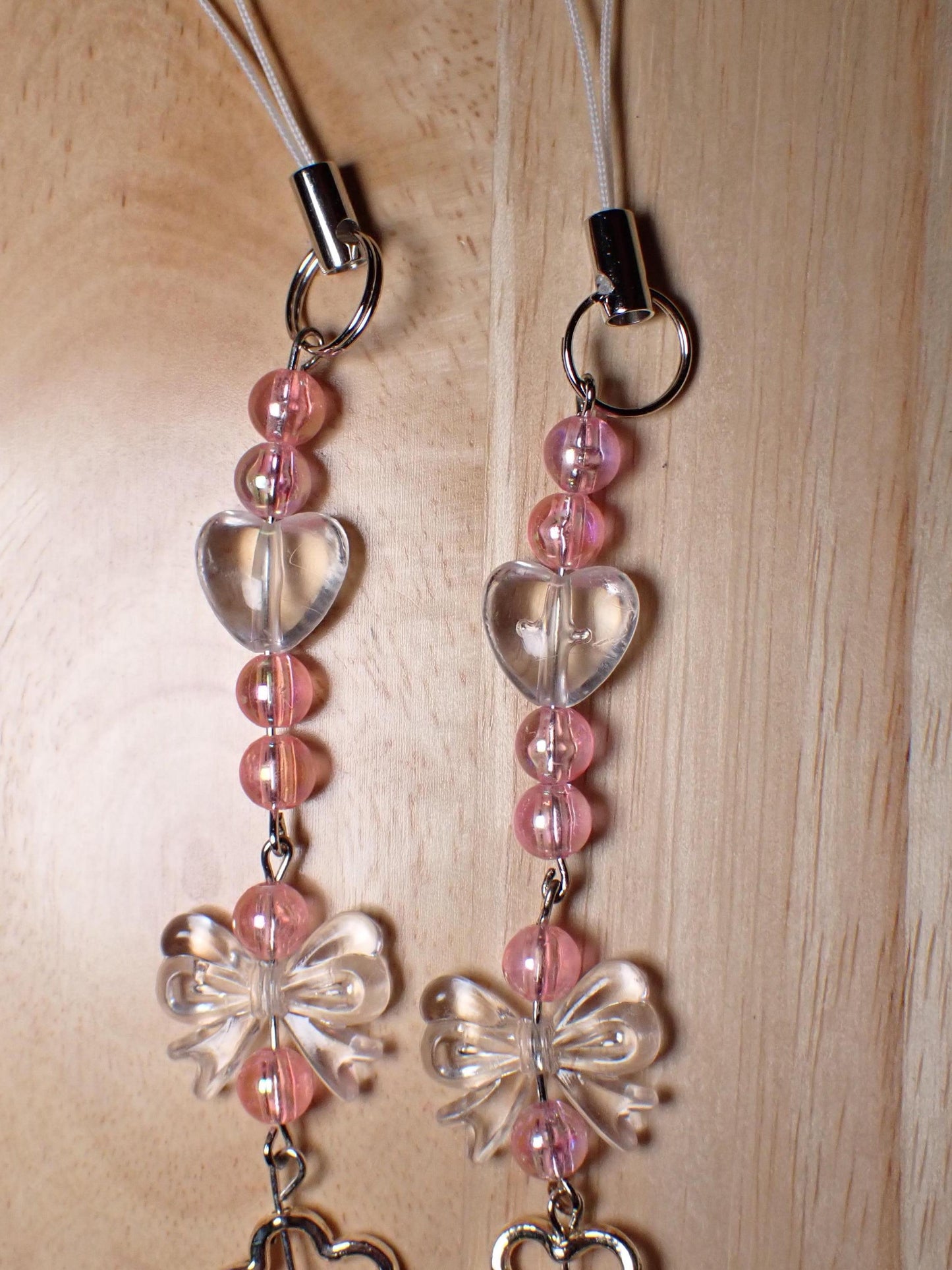 Clear hearts beads bows and flowers phone charm strap