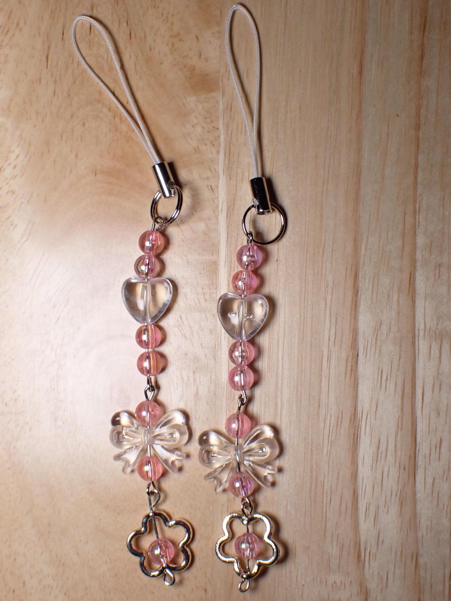 Clear hearts beads bows and flowers phone charm strap