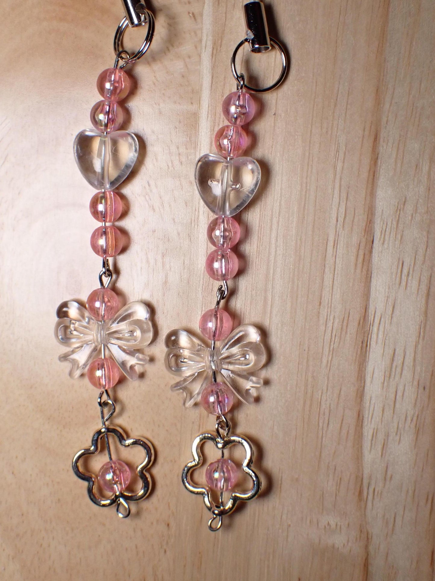 Clear hearts beads bows and flowers phone charm strap